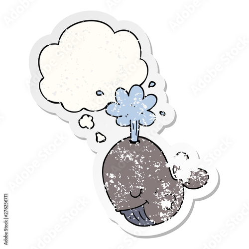 cartoon spouting whale and thought bubble as a distressed worn sticker