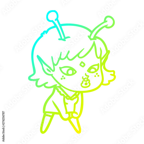 cold gradient line drawing pretty cartoon alien girl