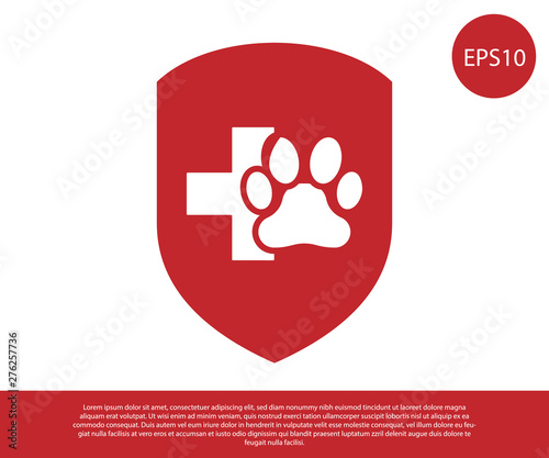 Red Animal health insurance icon isolated on white background. Pet protection icon. Dog or cat paw print. Vector Illustration