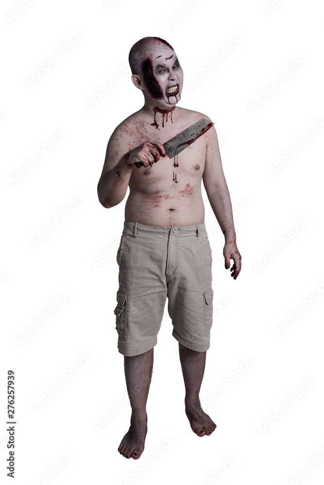 Full length of make up zombie man standing over white background Full length of make up zombie man standing over white background