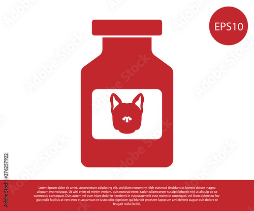 Red Dog medicine bottle icon isolated on white background. Container with pills. Prescription medicine for animal. Vector Illustration