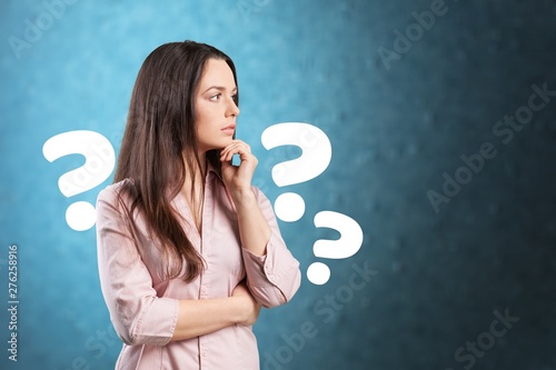 Question woman apron attractive beautiful beauty blue background