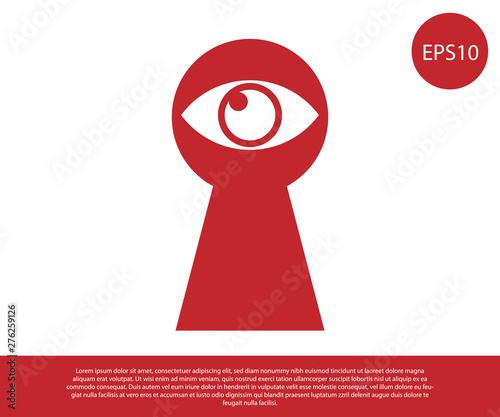 Red Keyhole with eye icon isolated on white background. The eye looks into the keyhole. Keyhole eye hole. Vector Illustration