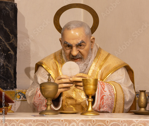 PALMA DE MALLORCA, SPAIN - JANUARY 29, 2019: The carved polychrome statue of  Padre Pio of Pietrelcina at the mass in the Capuchin church.