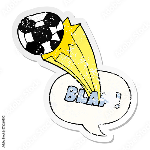 cartoon kicked soccer ball and speech bubble distressed sticker