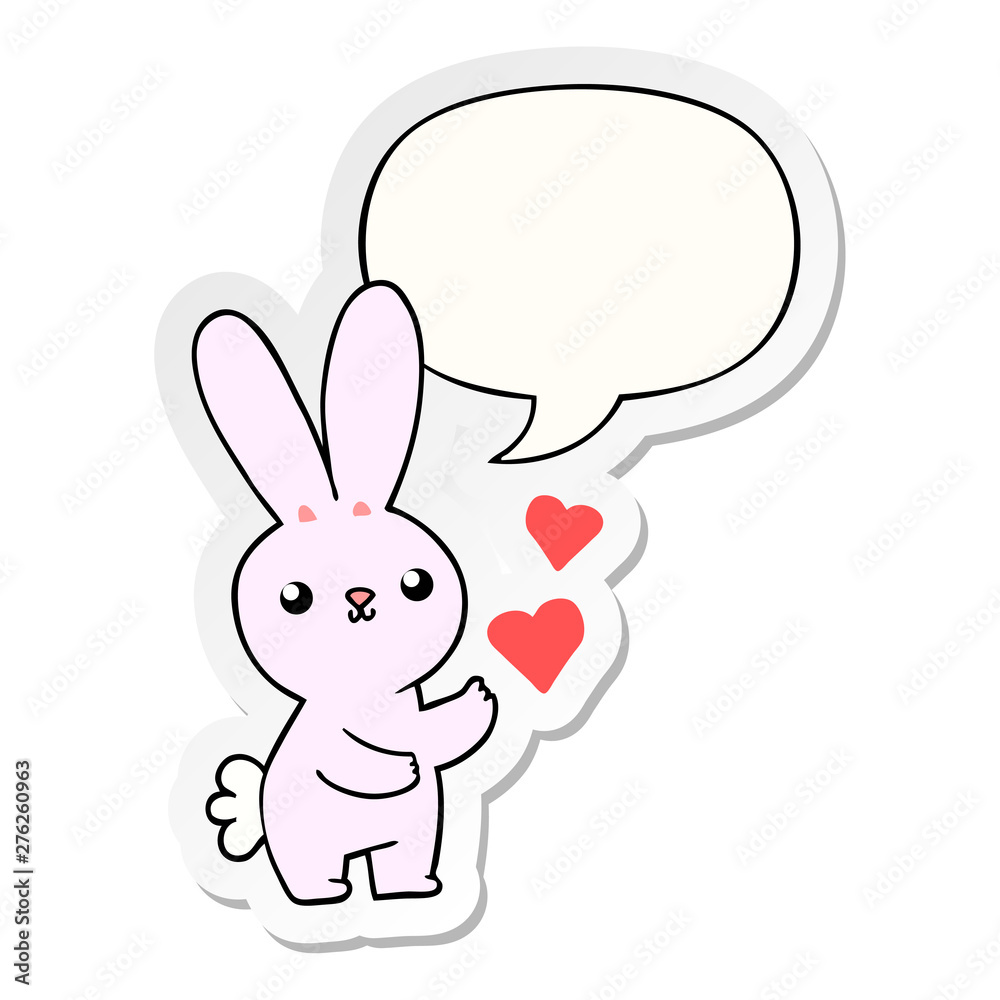 cute cartoon rabbit and love hearts and speech bubble sticker