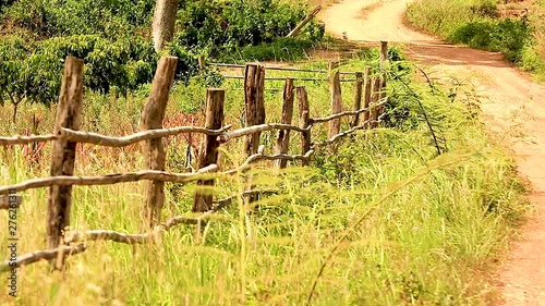 Outback road with wood fence and slight wind blowing in Chang Rai Northern Thailand. photo