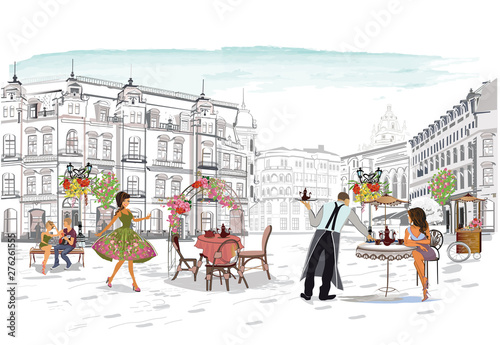 Series of the street cafes with fashion people, men and women, in the old city. Street musicians in the city. Jazz band. Hand drawn vector illustration with retro buildings.