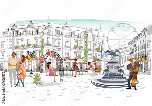 Series of the street cafes with fashion people, men and women, in the old city. Street musicians in the city. Jazz band. Hand drawn vector illustration with retro buildings.