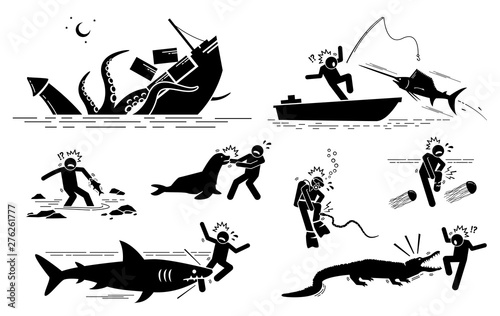 Sea animals and underwater creatures attack human icons signs symbols. Illustrations depict giant squid, sailfish, fish, sea lion, sea snake, box jellyfish, shark, and crocodile attacking on people.