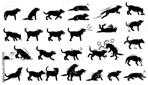 Dog actions, reactions, postures, and body languages. Illustrations depict dog standing, walking, running, jumping, eating, barking, and digging hole. It also depict dog sniffing and mating.