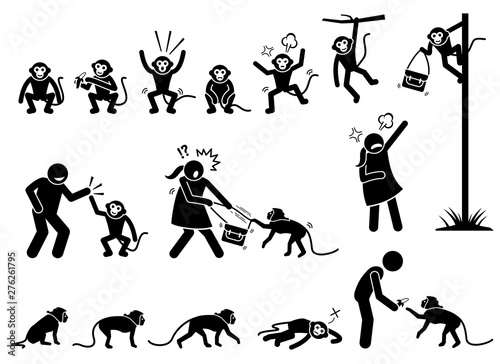 Human and monkey stick figure pictogram. Illustrations depict monkey actions and reactions such as eating, angry, climbing and walking. The naughty monkey also grab and steal woman handbag.