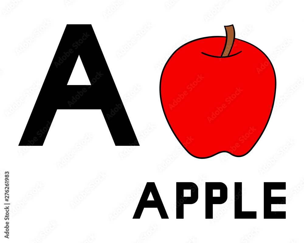 A is for apple graphic, phonics learning aid, vector illustration