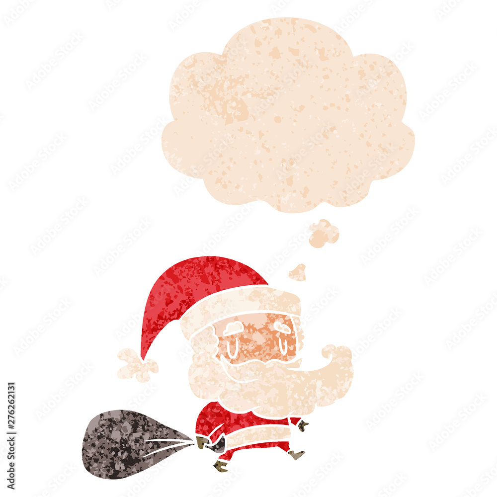 cartoon santa claus with sack and thought bubble in retro textured style cartoon santa claus with sack and thought bubble in retro textured style