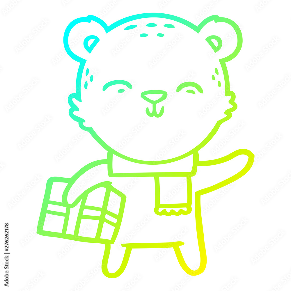 cold gradient line drawing happy cartoon bear with present cold gradient line drawing happy cartoon bear with present