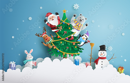 Paper art style of Santa Claus and friends with Christmas tree and snowflake background, Merry Christmas and Happy New Year concept.