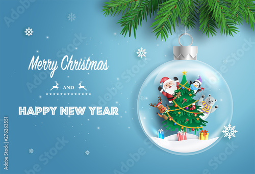 Paper art style of Santa Claus and friends with Christmas tree in Xmas ball, Merry Christmas and Happy New Year concept.