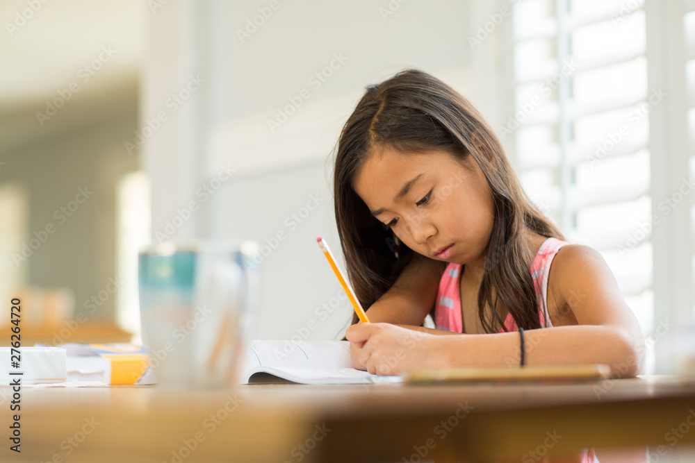 Young Girl Sitting At A Desk And Working On Her Homework Young Girl Sitting At A Desk And Working On Her Homework