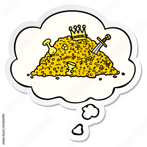 cartoon pile of treasure and thought bubble as a printed sticker