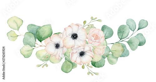 Fotografija Anemone flowers and eucalyptus leaves watercolor bouquet illustration