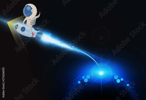 Abstract Astronaut sitting rocket Light out technology background Hitech communication concept innovation send for planet earth with sunrise and technology network.