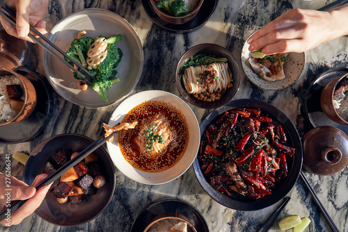 Overhead view of people having lunch