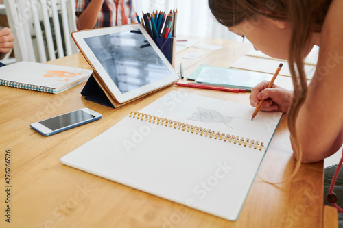Schoolgirl drawing cat with pencils in album at art class in school