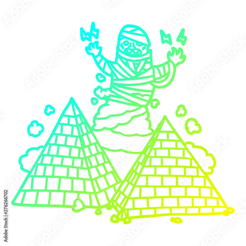cold gradient line drawing cartoon mummy and pyramids