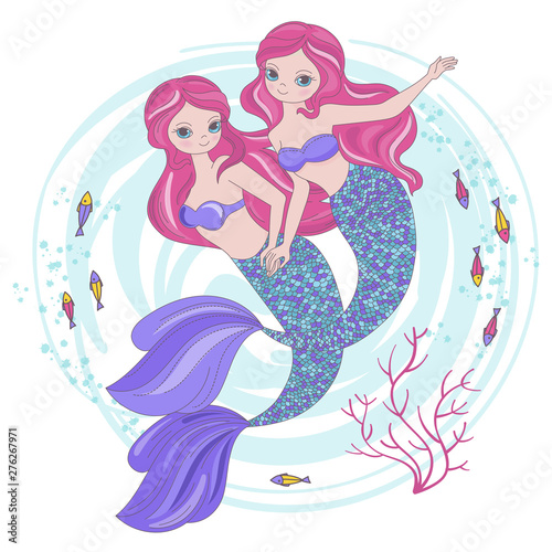 MERMAID SISTERS Cartoon Underwater Sea Ocean Cruise Travel Tropical Princess Vector Illustration Set for Print Fabric and Decoration