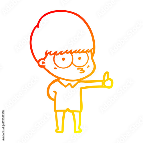 warm gradient line drawing curious cartoon boy giving thumbs up sign