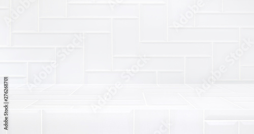 3D luxury white tile table studio background textured for product display with copy space for display of content design.Banner for advertise product on website.3d rendering.