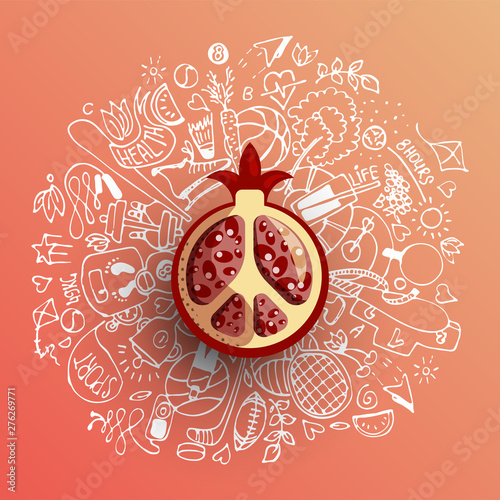 Healthy lifestyle concept with sport and healthy diet doodles and icons - sport, food, happy and normal sleep icons around fresh, juicy garnet, pomegranate on white background. Healty diet and sport