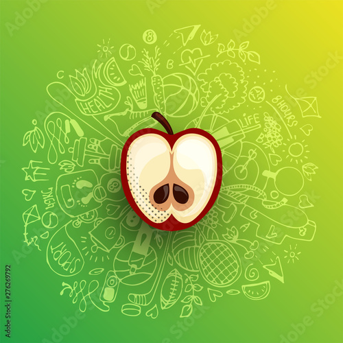 Healthy lifestyle concept with sport and healthy diet doodles and icons - sport, food, happy and normal sleep icons around fresh, juicy apple on white background. Healty diet and sport concept