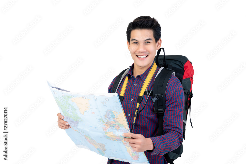 Asian man tourist with backpack holding world map Asian man tourist with backpack holding world map