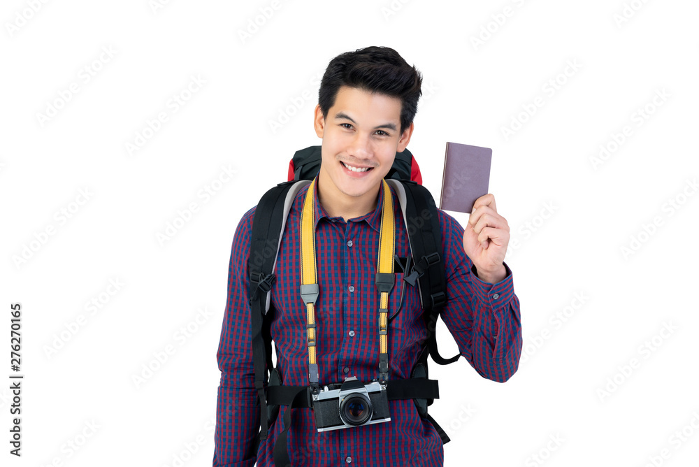 Young handsome Asian man holding passport enjoying having holidays Young handsome Asian man holding passport enjoying having holidays