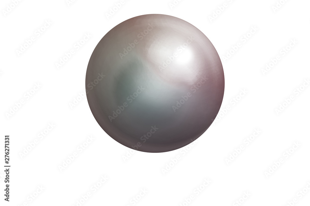 Realistic single shiny natural rainbow sea pearl with light effects isolated on white background. Spherical beautiful orb with transparent glares and highlights. Jewel gems. 3D render.