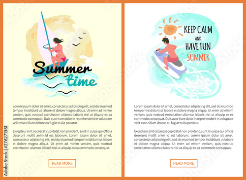 Keep calm and have fun summer vector, people windsurfing and riding jet ski machine, website with text. Man and woman relaxing active male and female