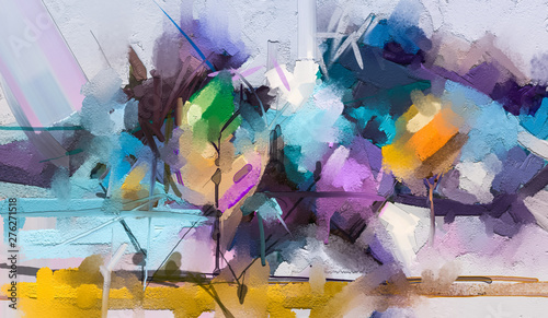Fototapeta Naklejka Na Ścianę i Meble -  Abstract colorful oil painting on canvas texture. Semi- abstract paint of landscape, tree, and flower. Modern art oil paintings nature with yellow, red color. Abstract contemporary art for background