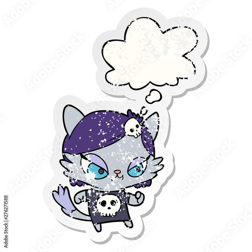 cartoon tough cat girl and thought bubble as a distressed worn sticker