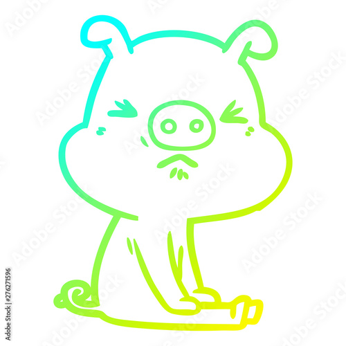 cold gradient line drawing cartoon angry pig sat waiting