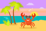 Seascape, palm tree with foliage vector. Crab wearing glasses, hawaiian vacation tropical view. Coast and sun, holidays and relaxation on beach, summer rest