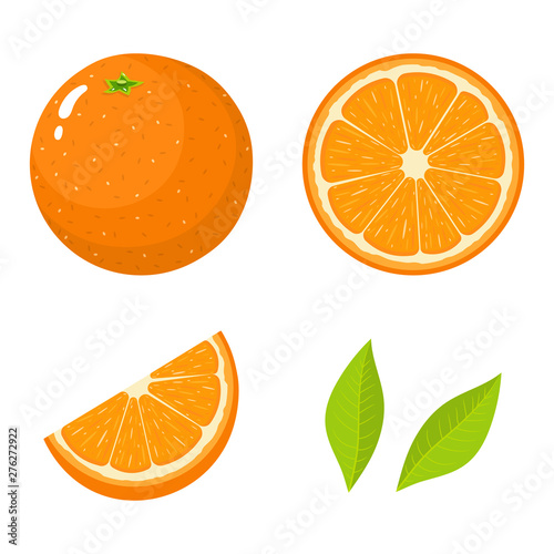 Foto Set of fresh whole, half, cut slice and leaves orange fruit isolated on white background