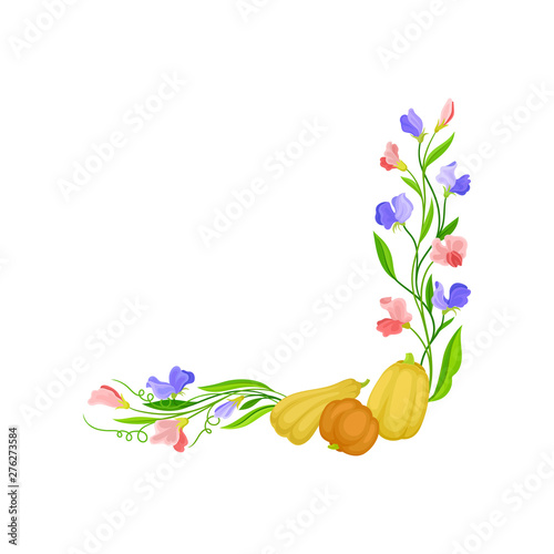 Lower right corner of the stems with pumpkins. Vector illustration on white background. photo