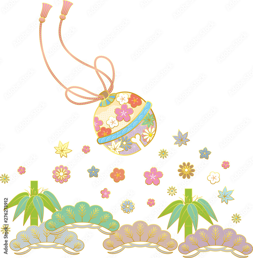 和風の鈴と松竹梅 背景素材 ベクターイラスト Stock Vector Adobe Stock