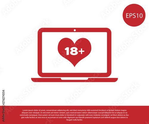 Red Laptop computer with 18 plus content heart icon isolated on white background. Age restriction symbol. 18 plus content sign. Adult channel. Vector Illustration