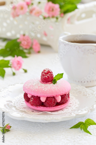 French makarons cake with raspberries.