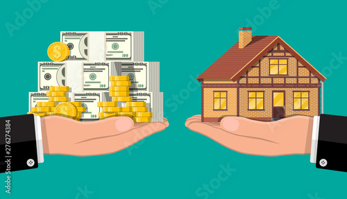 Hand scales with private house and money. Buying a home. Real estate. Suburban wooden house, dollar stacks and gold coins. Vector illustration in flat style