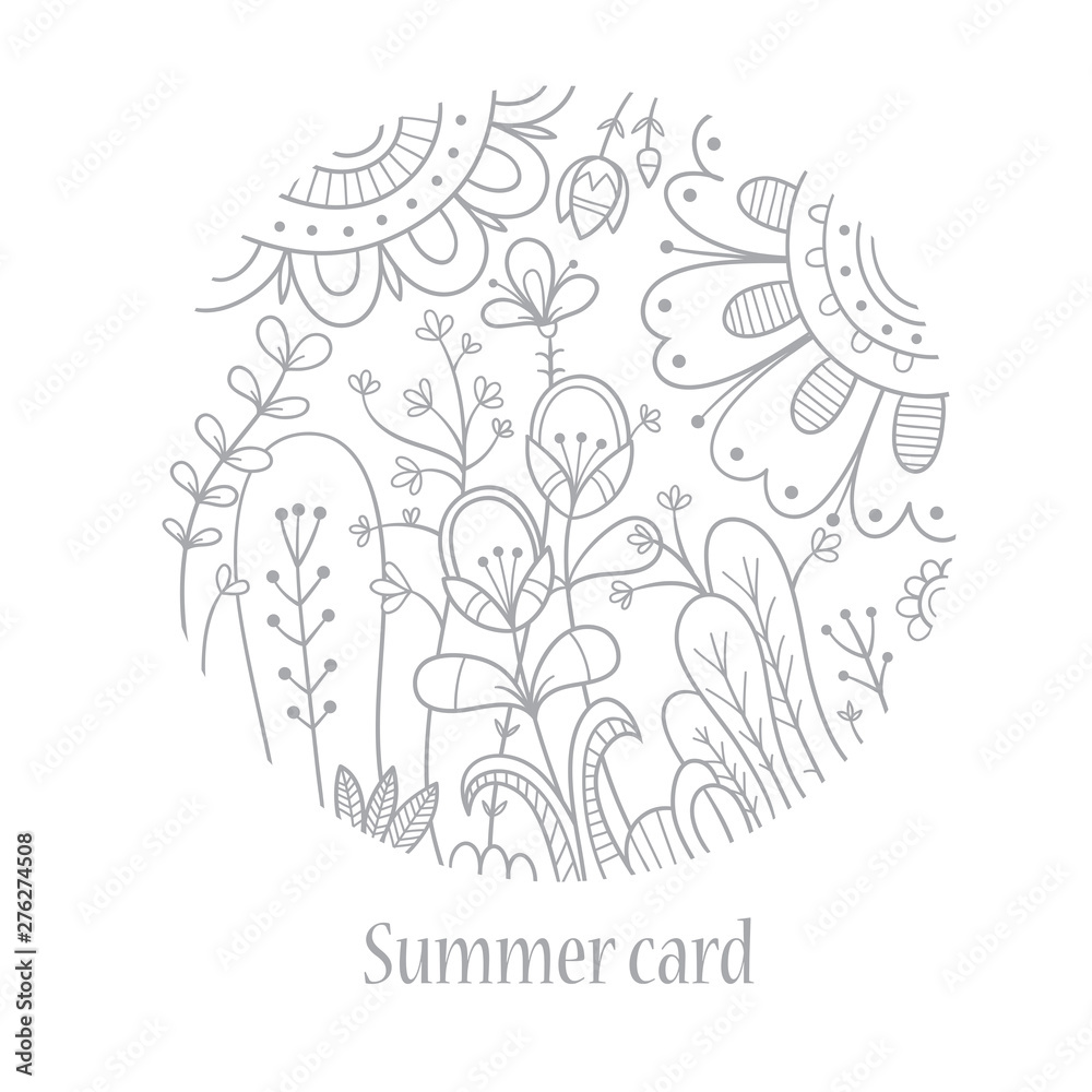 Summer card with flowers and herbs. Vector contour image. Doodle style.