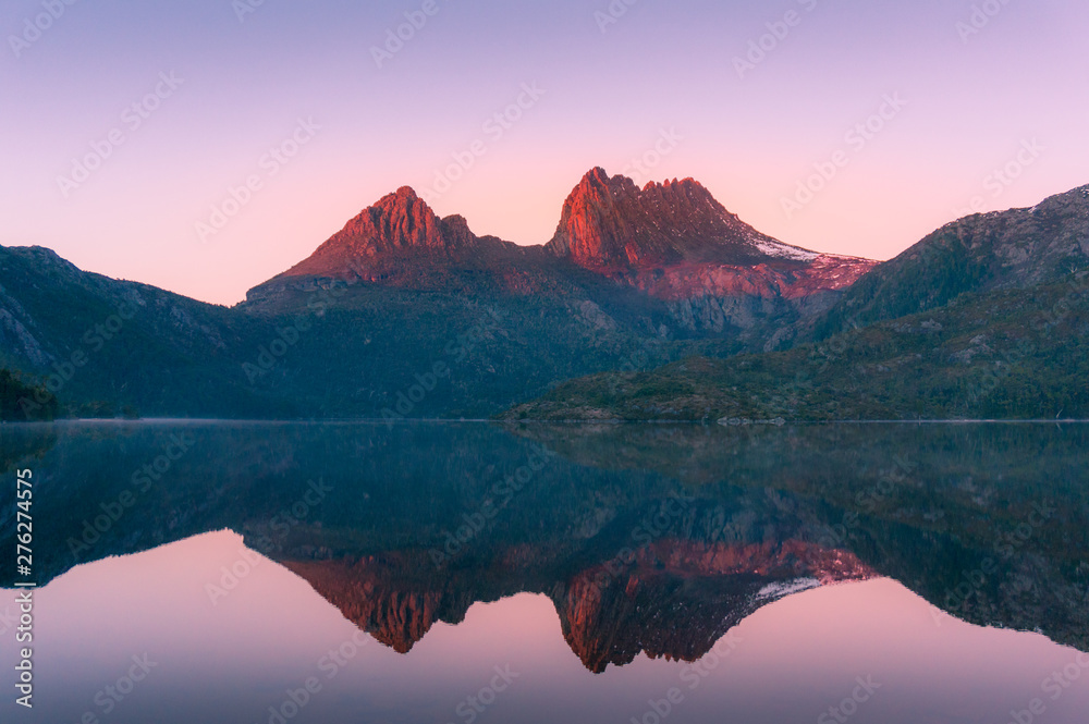 Mountain landscape at sunrise. Sunlit mountain peaks nature background - obrazy, fototapety, plakaty 