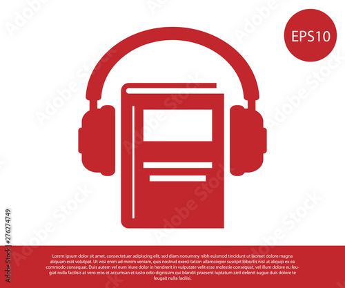 Red Audio book icon isolated on white background. Book with headphones. Audio guide sign. Online learning concept. Vector Illustration